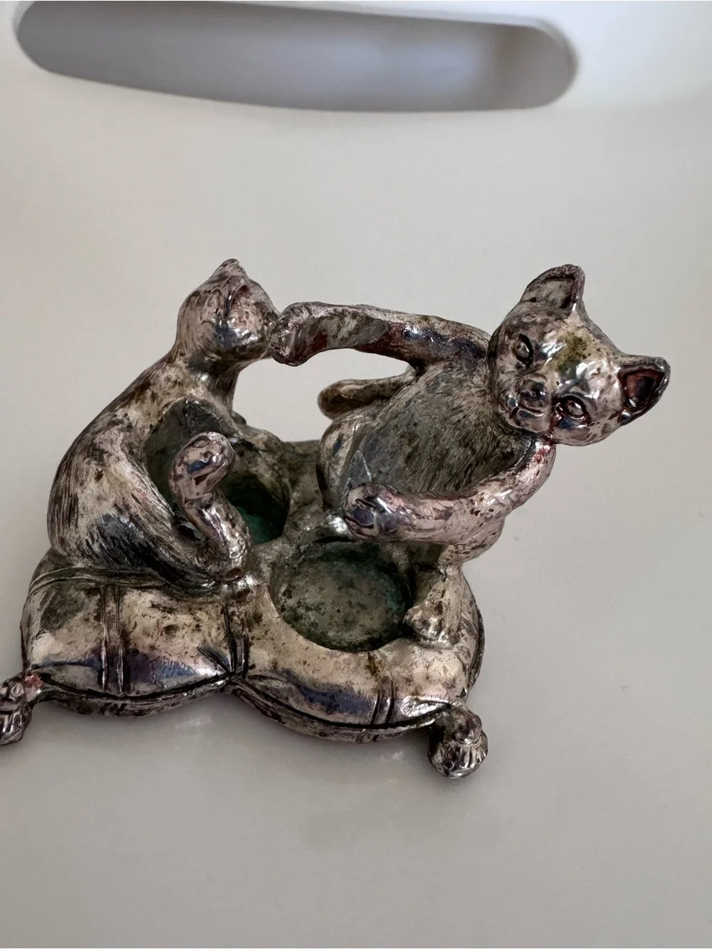 Vintage Silverplate Adorable Kitten Cat Salt Pepper Shaker Candle Holder Heavy